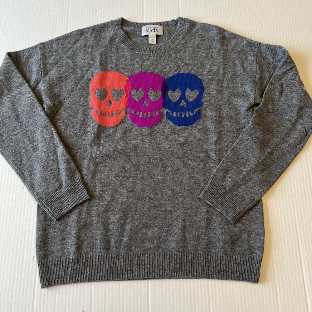 Autumn Cashmere Sz 16 Kids Girls Gray Skull Sweater Wool/Cashmere NWOT